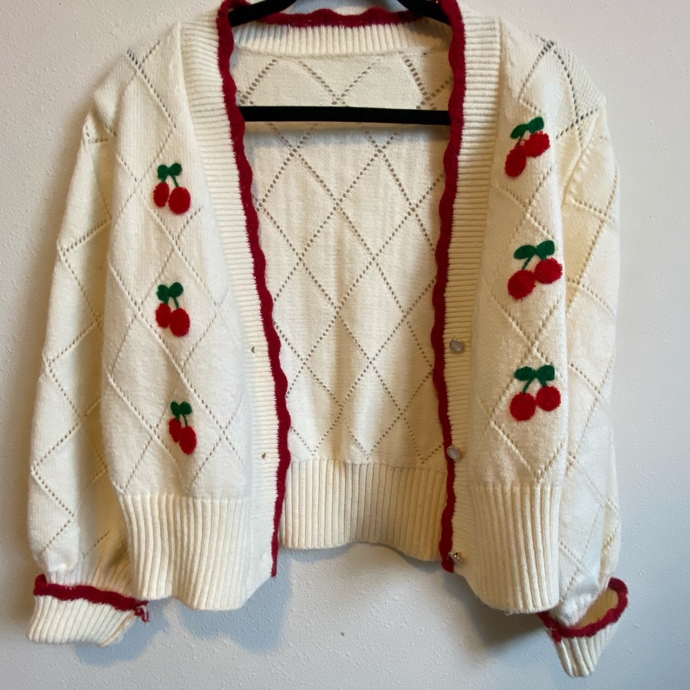 Tight knit cottage-core cherry cardigan